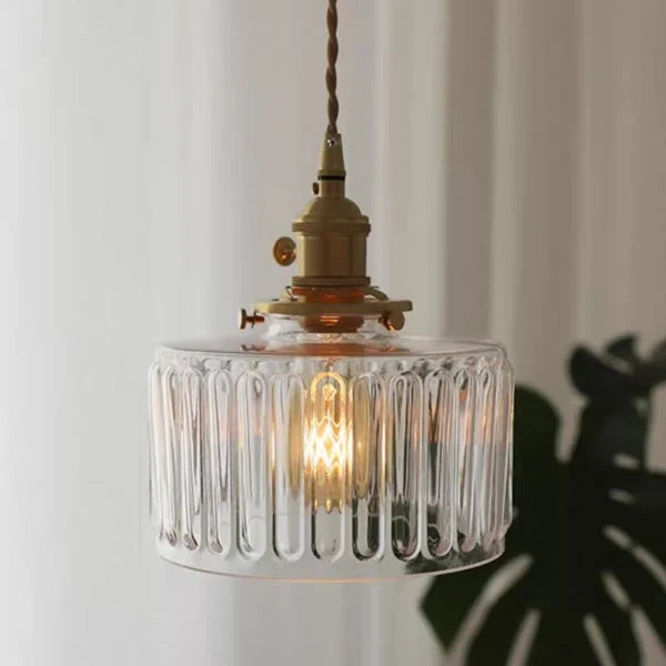 Vintage Cylinder Ribbed Glass Pendant Light