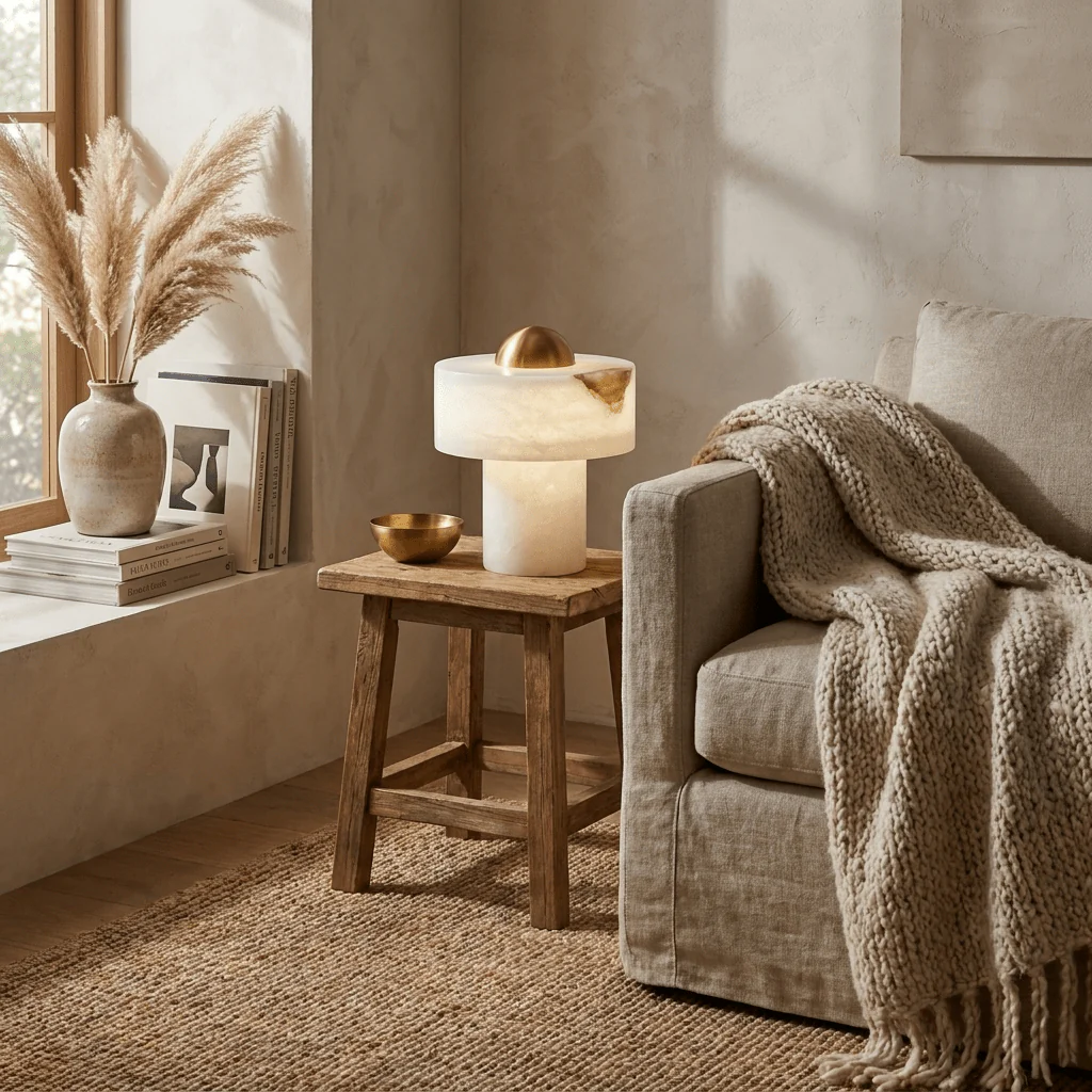 Minimalist Alabaster Brass Pillar Table Lamp