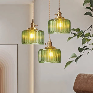 Vintage Cylinder Ribbed Glass Pendant Light