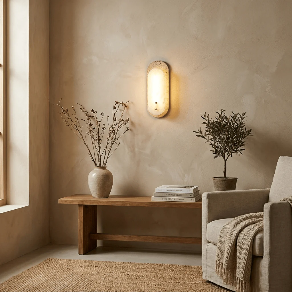 Natural Travertine & Alabaster Capsule Sconce