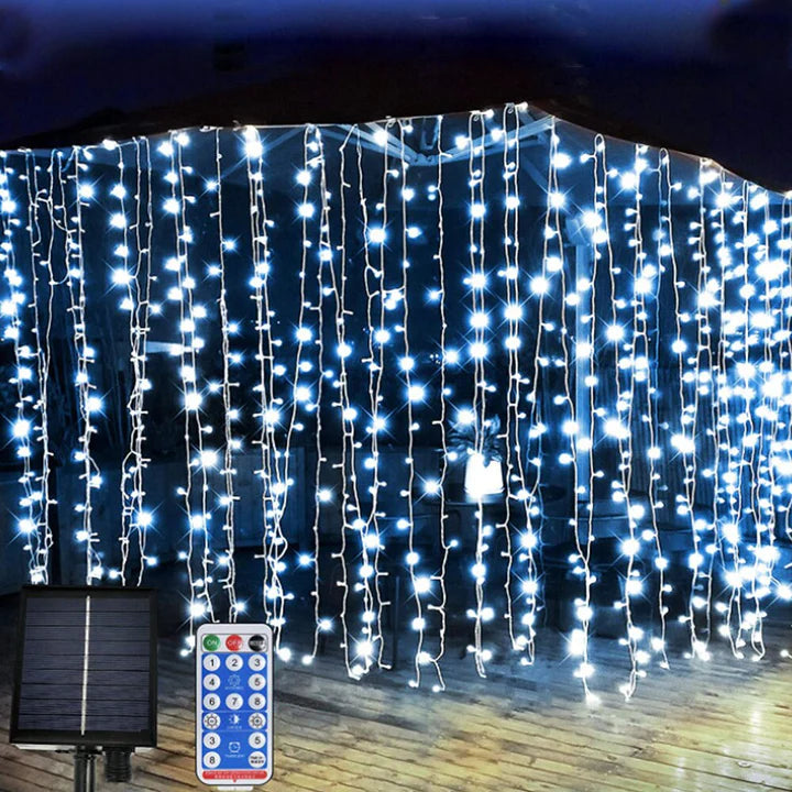 Solar-Powered LED Icicle Curtain Lights