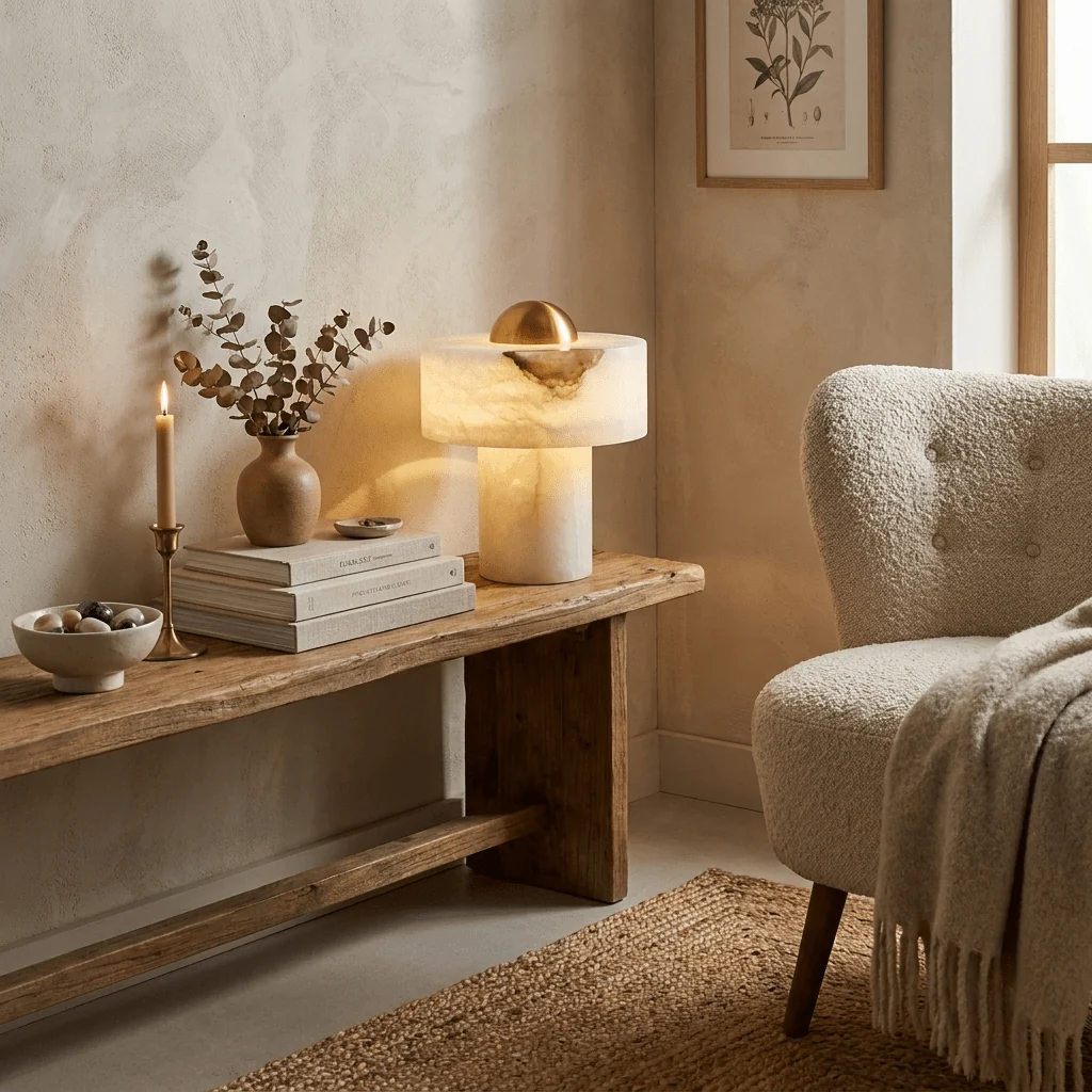 Minimalist Alabaster Brass Pillar Table Lamp