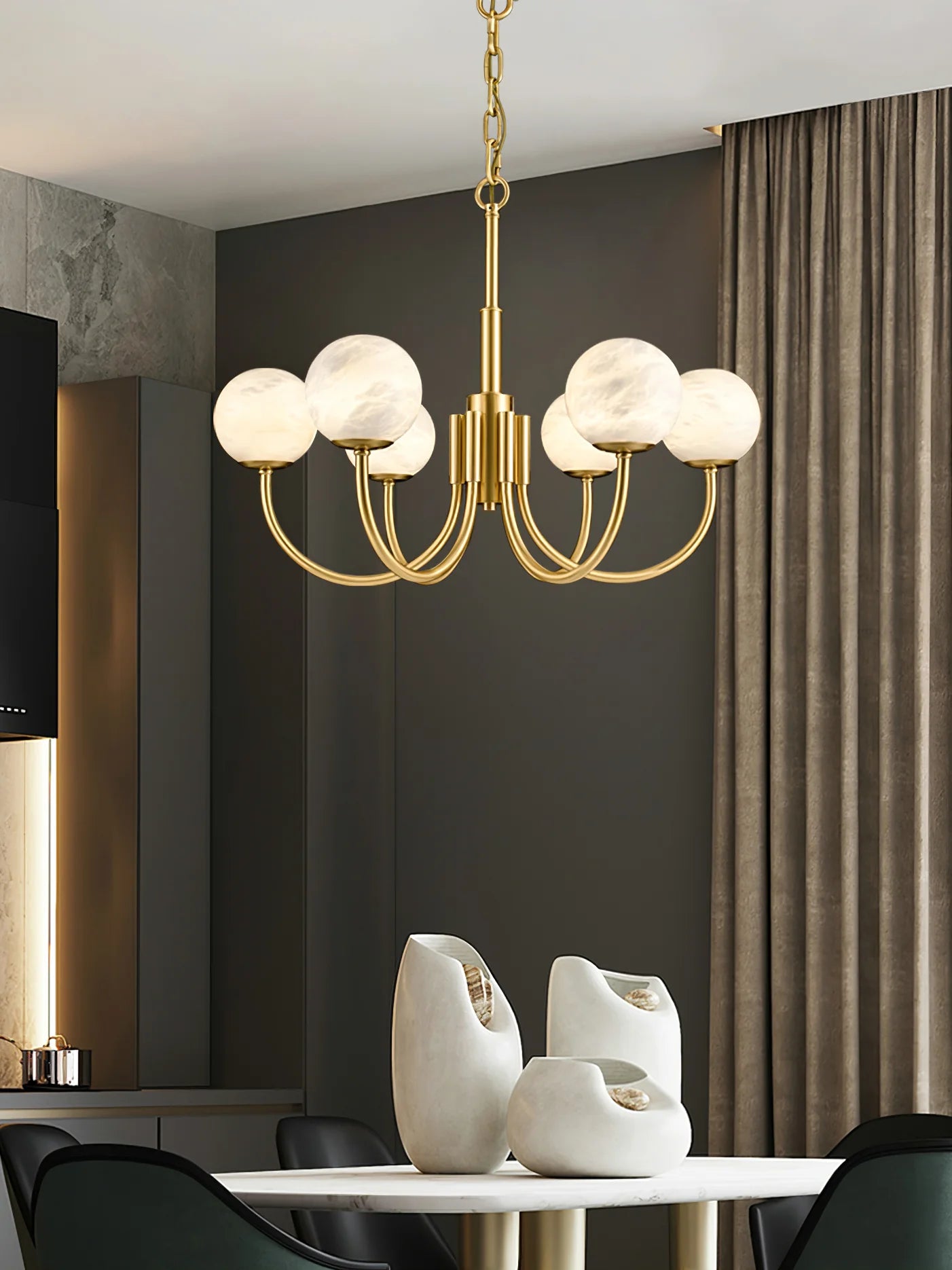 Brass Alabaster Round Chandelier