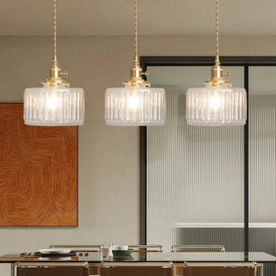 Vintage Cylinder Ribbed Glass Pendant Light