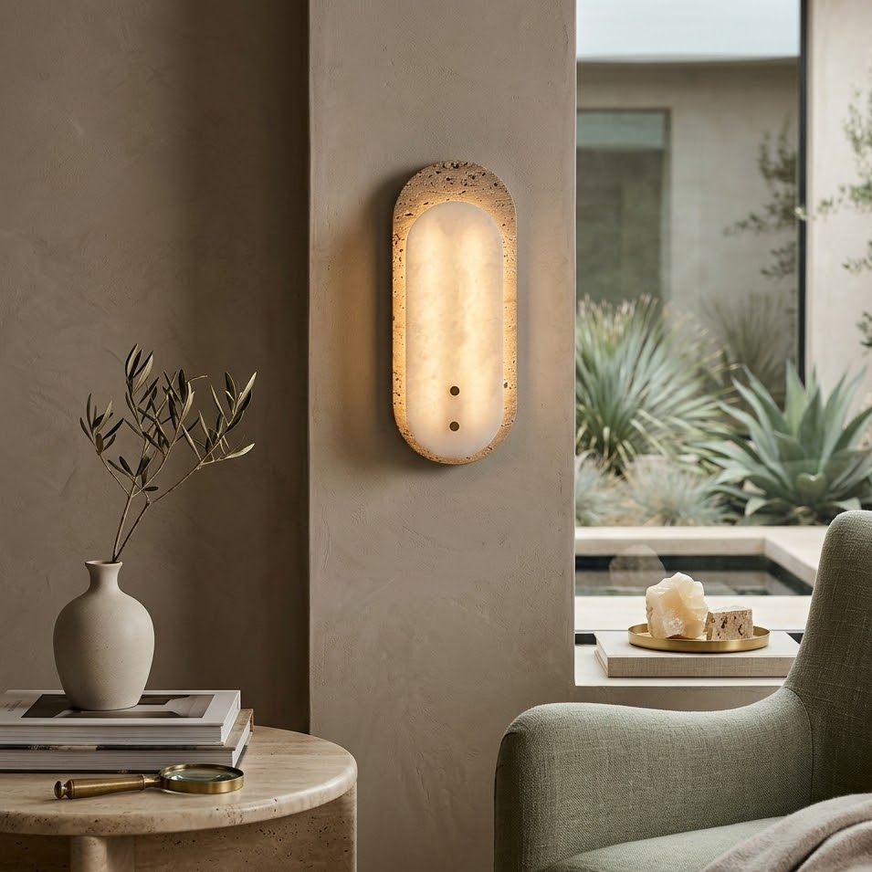 Natural Travertine & Alabaster Capsule Sconce