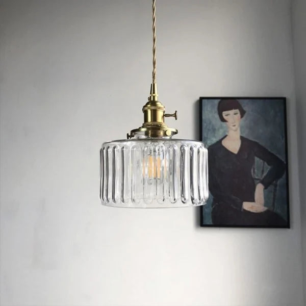 Vintage Cylinder Ribbed Glass Pendant Light