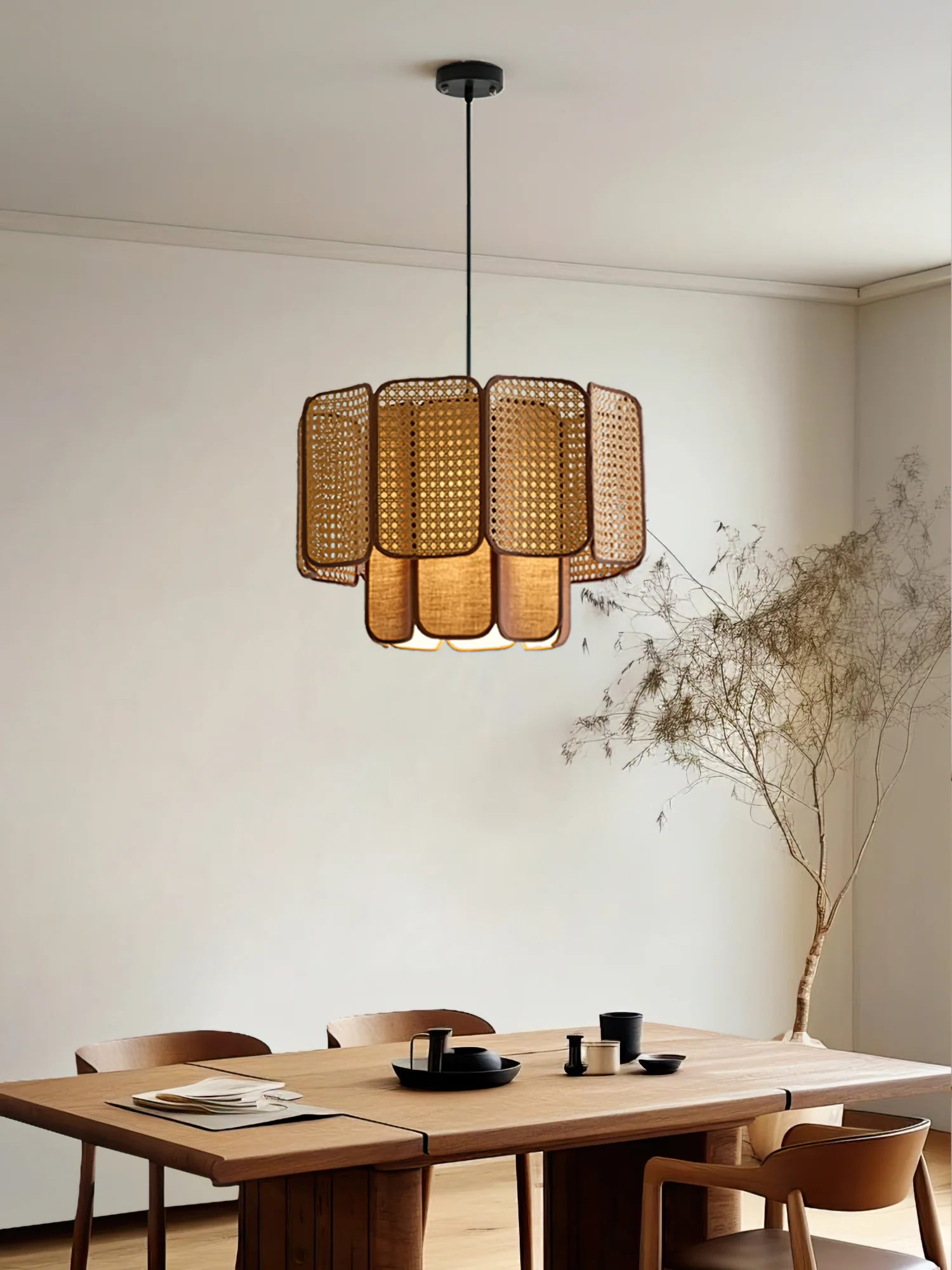 Rattan & Fabric Tiered Pendant Light