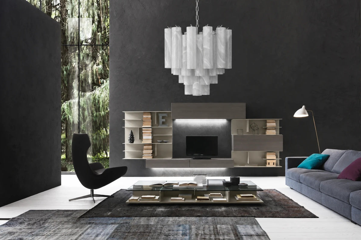White Murano alabaster glass tube chandelier in a modern dark living room