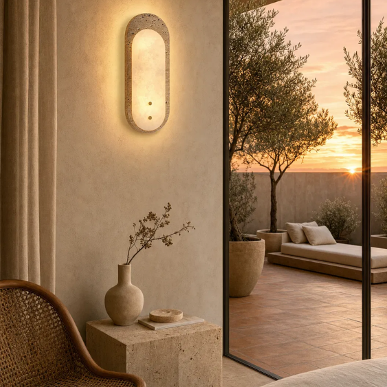 Natural Travertine & Alabaster Capsule Sconce